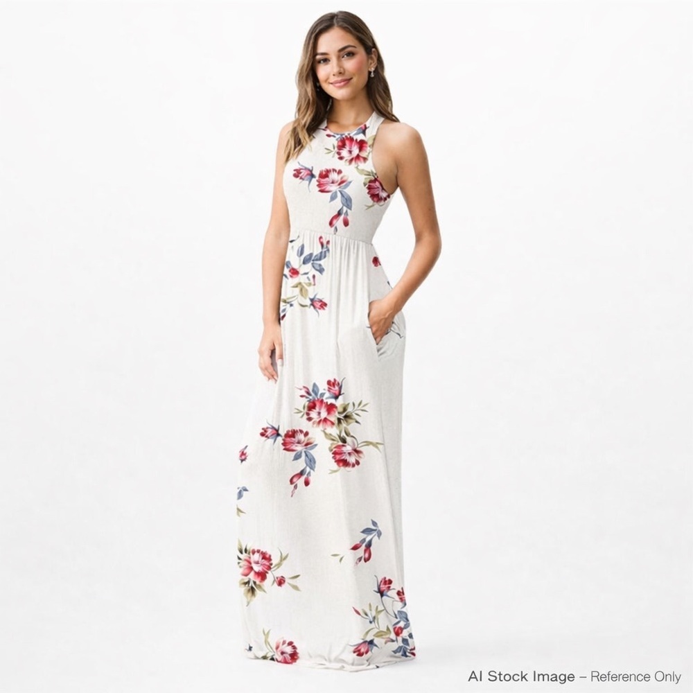 Grecerelle Floral Racerback Maxi Dress Small Ivory Pink Stretchy